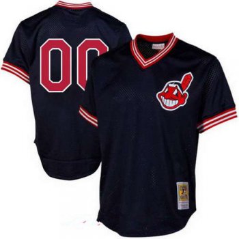 Men's Cleveland Indians Navy Blue Mesh Batting Practice Throwback Majestic Cooperstown Collection Custom Baseball Jersey