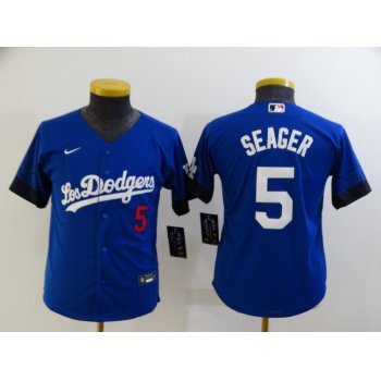 Youth Los Angeles Dodgers #5 Corey Seager Blue 2021 City Connect Number Cool Base Stitched Jersey