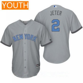 Youth New York Yankees #2 Derek Jeter Gray With Baby Blue Father's Day Stitched MLB Majestic Cool Base Jersey
