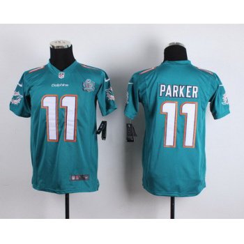 Youth Miami Dolphins #11 DeVante Parker Aqua Green Team Color 2015 NFL 50th Patch Nike Game Jersey
