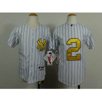 New York Yankees #2 Derek Jeter White With Gold Kids Jersey