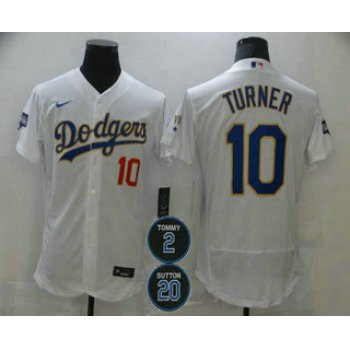 Men's Los Angeles Dodgers #10 Justin Turner White Gold #2 #20 Patch Stitched MLB Flex Base Nike Jersey