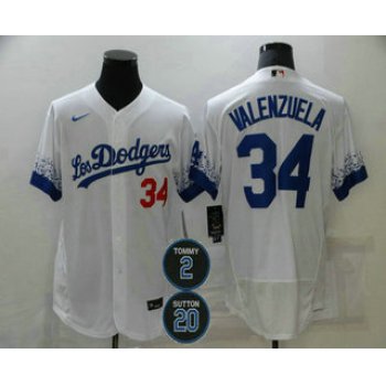 Men's Los Angeles Dodgers #34 Fernando Valenzuela White #2 #20 Patch City Connect Flex Base Stitched Jersey