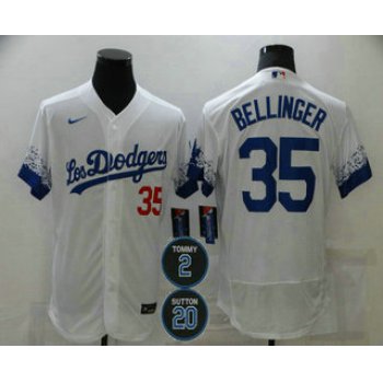 Men's Los Angeles Dodgers #35 Cody Bellinger White #2 #20 Patch City Connect Flex Base Stitched Jersey
