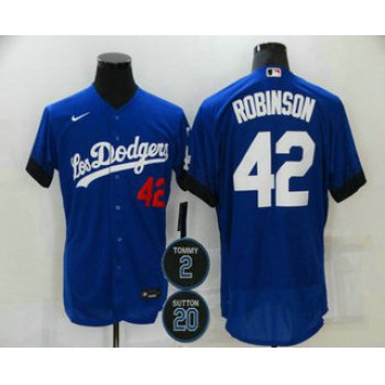 Men's Los Angeles Dodgers #42 Jackie Robinson Blue #2 #20 Patch City Connect Flex Base Stitched Jersey