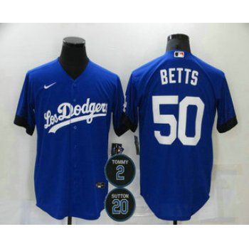 Men's Los Angeles Dodgers #50 Mookie Betts Blue #2 #20 Patch City Connect Cool Base Stitched Jersey