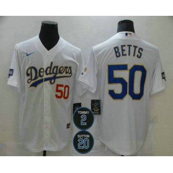 Men's Los Angeles Dodgers #50 Mookie Betts Red Number White Gold #2 #20 Patch Stitched MLB Cool Base Nike Jersey