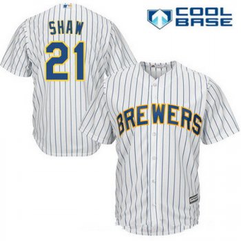 Men's Milwaukee Brewers #21 Travis Shaw White Pinstripe Home Stitched MLB Majestic Cool Base Jersey
