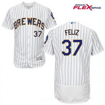 Men's Milwaukee Brewers #37 Neftali Feliz White Pinstripe Home Stitched MLB Majestic Flex Base Jersey