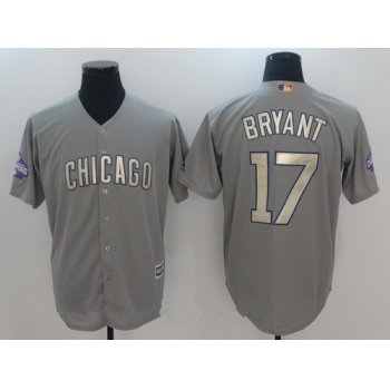 Men's Chicago Cubs #17 Kris Bryant Gray World Series Champions Gold Stitched MLB Majestic 2017 Cool Base Jersey
