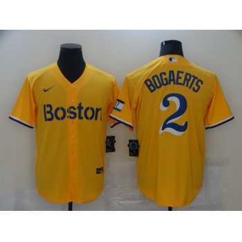 Men's Boston Red Sox #2 Xander Bogaerts Gold 2021 City Connect Stitched MLB Flex Base Nike Jersey