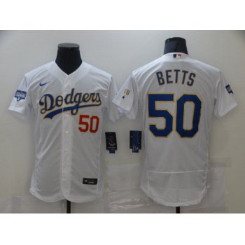 Men Los Angeles Dodgers 50 Betts Champion of white gold and blue characters Elite 2021 Nike MLB Jersey
