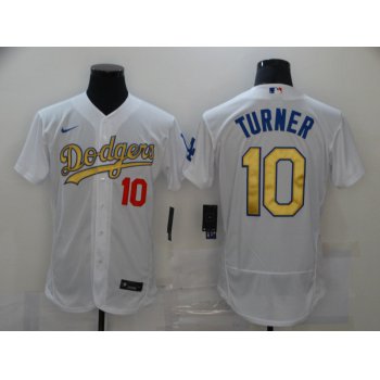 Men's Los Angeles Dodgers #10 Justin Turner White Gold Sttiched Nike MLB Flex Base Jersey