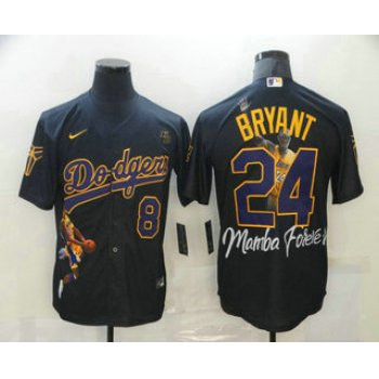 Men's Los Angeles Dodgers Front #8 Back #24 Kobe Bryant Black With KB Patch Cool Base Stitched MLB Fashion Jersey