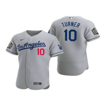 Men's Los Angeles Dodgers #10 Justin Turner Gray 2020 World Series Authentic Road Flex Nike Jersey