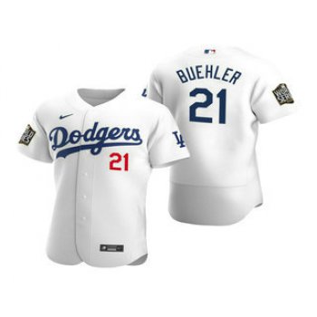 Men's Los Angeles Dodgers #21 Walker Buehler White 2020 World Series Authentic Flex Nike Jersey