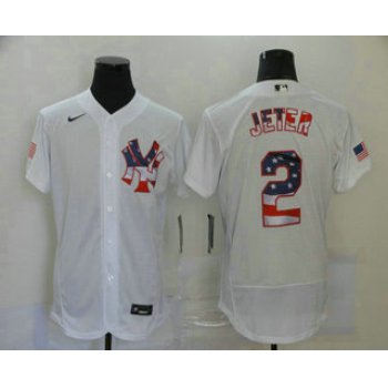 Men's New York Yankees #2 Derek Jeter White USA Flag Stitched MLB Flex Base Nike Jersey