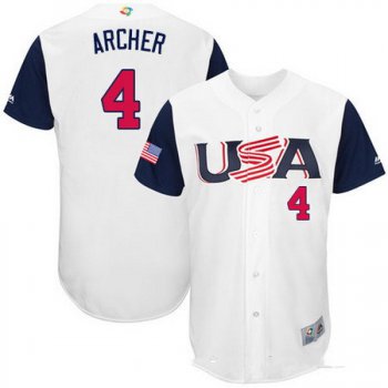 Men's Team USA Baseball Majestic #4 Chris Archer White 2017 World Baseball Classic Stitched Authentic Jersey