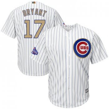 Men's Chicago Cubs #17 Kris Bryant White World Series Champions Gold Stitched MLB Majestic 2017 Cool Base Jersey
