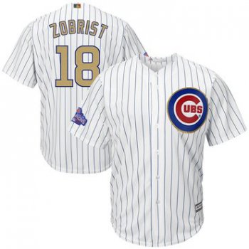 Men's Chicago Cubs #18 Ben Zobrist White World Series Champions Gold Stitched MLB Majestic 2017 Cool Base Jersey
