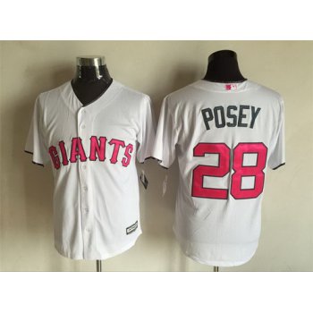 Men's San Francisco Giants #28 Buster Posey White With Pink 2016 Mother's Day Baseball Cool Base Jersey
