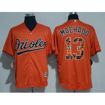 Men's Baltimore Orioles #13 Manny Machado Orange Team Logo Ornamented Stitched MLB Majestic Cool Base Jersey