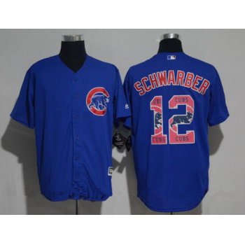 Men's Chicago Cubs #12 Kyle Schwarber Royal Blue Team Logo Ornamented Stitched MLB Majestic Cool Base Jersey