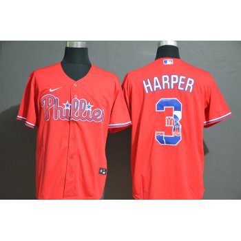 Men's Philadelphia Phillies #3 Bryce Harper Red White Team Logo Stitched MLB Cool Base Nike Jersey