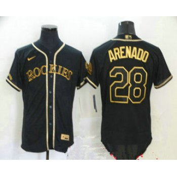 Men's Colorado Rockies #28 Nolan Arenado Black With Gold Stitched MLB Flex Base Nike Jersey