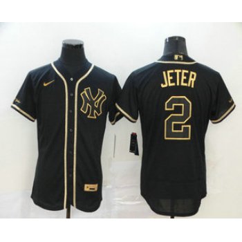 Men's New York Yankees #2 Derek Jeter Black Golden Stitched MLB Flex Base Nike Jersey
