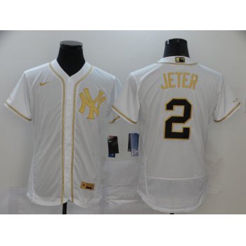 Men's New York Yankees #2 Derek Jeter White Golden Stitched MLB Flex Base Nike Jersey