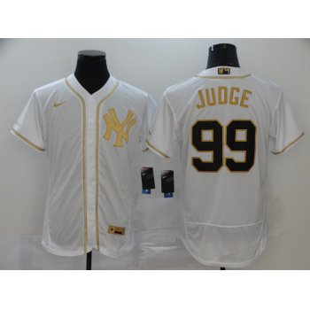 Men's New York Yankees #99 Aaron Judge White Golden Stitched MLB Flex Base Nike Jersey