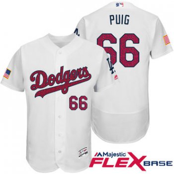 Men's Los Angeles Dodgers #66 Yasiel Puig White Stars & Stripes Fashion Independence Day Stitched MLB Majestic Flex Base Jersey