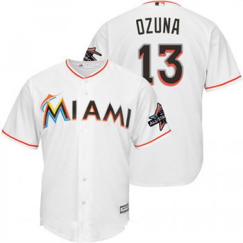Men's Miami Marlins #13 Marchell Ozuna White Home 2017 All-Star Patch Stitched MLB Majestic Cool Base Jersey