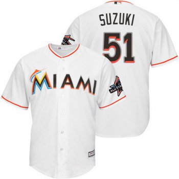 Men's Miami Marlins #51 Ichiro Suzuki White Home 2017 All-Star Patch Stitched MLB Majestic Cool Base Jersey