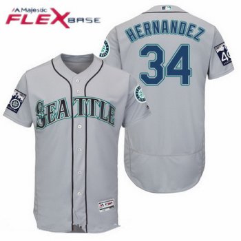 Men's Seattle Mariners #34 Felix Hernandez Gray Road 40TH Patch Stitched MLB Majestic Flex Base Jersey