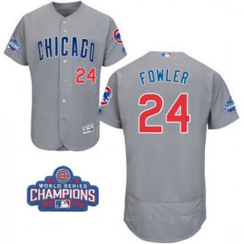 Men's Chicago Cubs #24 Dexter Fowler Gray Road Majestic Flex Base 2016 World Series Champions Patch Jersey