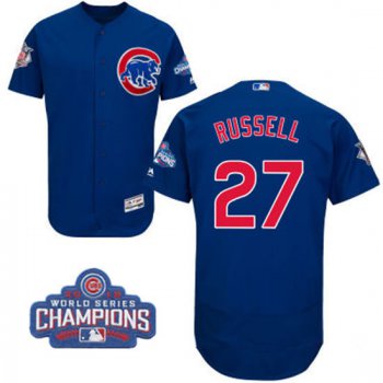 Men's Chicago Cubs #27 Addison Russell Royal Blue Majestic Flex Base 2016 World Series Champions Patch Jersey