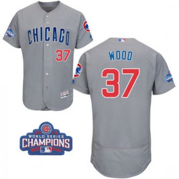 Men's Chicago Cubs #37 Travis Wood Gray Road Majestic Flex Base 2016 World Series Champions Patch Jersey