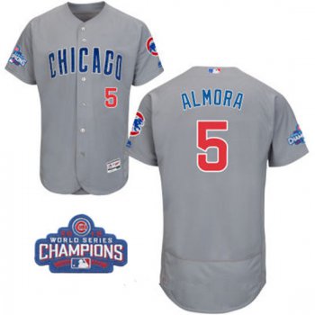 Men's Chicago Cubs #5 Albert Almora Jr. Gray Road Majestic Flex Base 2016 World Series Champions Patch Jersey