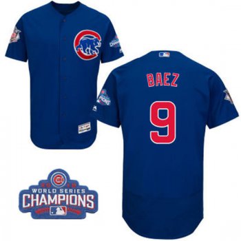 Men's Chicago Cubs #9 Javier Baez Royal Blue Majestic Flex Base 2016 World Series Champions Patch Jersey