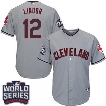 Men's Cleveland Indians #12 Francisco Lindor Gray Road 2016 World Series Patch Stitched MLB Majestic Cool Base Jersey