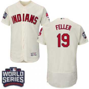 Men's Cleveland Indians #19 Bob Feller Cream 2016 World Series Patch Stitched MLB Majestic Flex Base Jersey