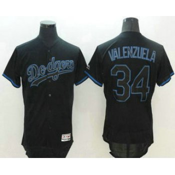 Men's Los Angeles Dodgers #34 Fernando Valenzuela Retired Lights Out Black Fashion Stitched MLB 2016 Majestic Flex Base Jersey