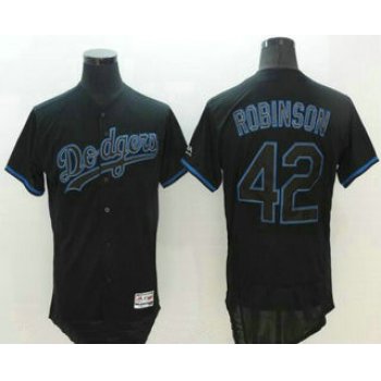 Men's Los Angeles Dodgers #42 Jackie Robinson Retired Lights Out Black Fashion Stitched MLB 2016 Majestic Flex Base Jersey