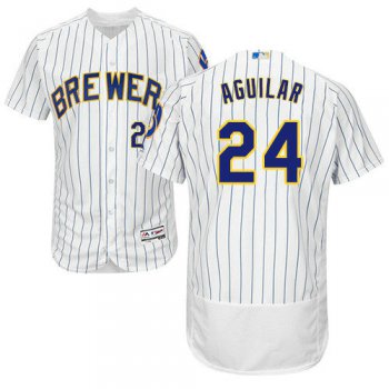 Milwaukee Brewers 24 Jesus Aguilar White Strip Flexbase Authentic Collection Stitched Baseball Jersey