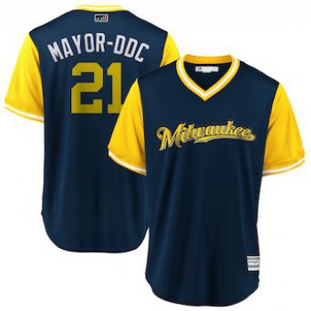 Men's Milwaukee Brewers 21 Travis Shaw Mayor-DDC Majestic Navy 2018 Players' Weekend Cool Base Jersey