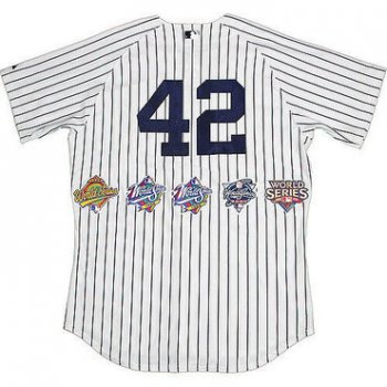 Men's New York Yankees #42 Mariano Rivera White Strip Five Times World Series Champion Stitched MLB Jersey