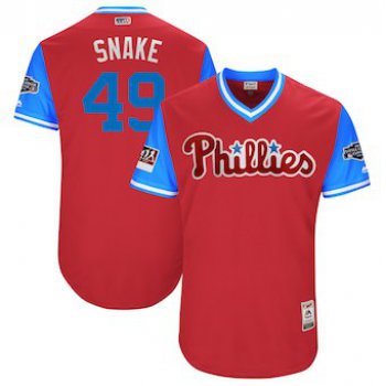 Men's Philadelphia Phillies 49 Jake Arrieta Snake Majestic Scarlet 2018 MLB Little League Classic Authentic Jersey