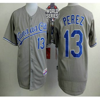 Men's Kansas City Royals #13 Salvador Perez Gray Away Baseball Jersey With 2015 World Series Patch